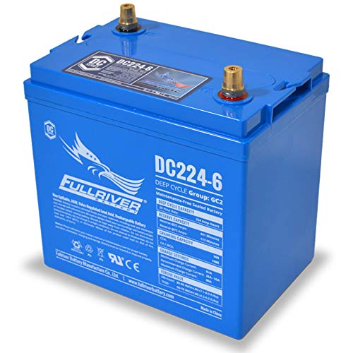 A blue Fullriver DC224-6 224ah AGM battery with branding and specifications printed on the top.