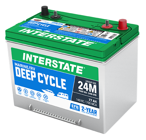 A green and white Interstate battery labelled 'DEEP CYCLE' with specifications such as 24M, 700A, and 164RC displayed on the front.