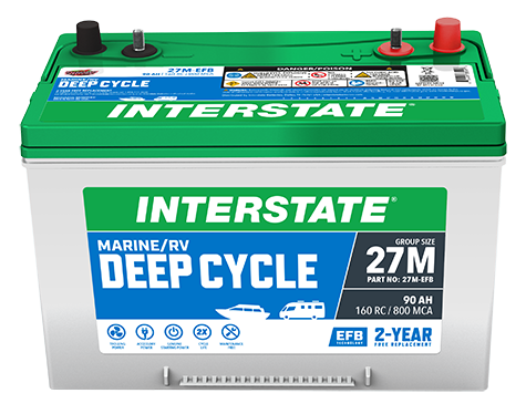 Interstate Deep Cycle marine/RV battery, 27M 675 CCA, 12 3/4 inches long, in green and white color scheme, with brand and product information labels.