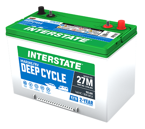 Interstate marine / RV battery with white case and green top, 27M