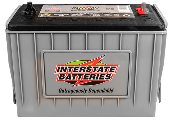 A gray Interstate pure lead AGM commercial battery with red and black terminals, designed for marine and RV use.