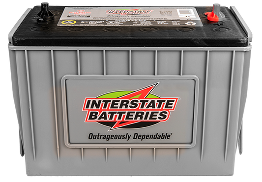 A gray Interstate pure lead AGM commercial battery with red and black terminals, designed for marine and RV use.