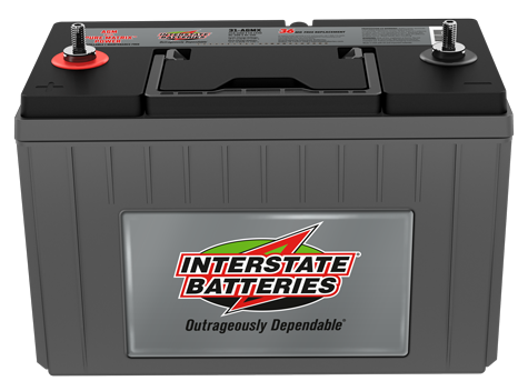 A gray Interstate AGM Pure Lead Commercial Battery with red and black terminals, branding, and technical information printed on the side.