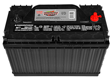 A black Interstate Group 31 commercial battery with red caps and a label on top showing specifications.