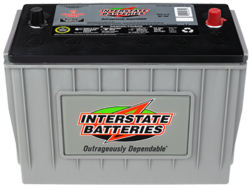 A gray Interstate pure lead AGM commercial battery with red and black terminals, designed for marine and RV use.