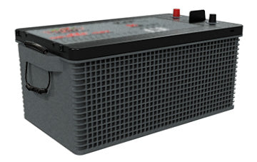A gray Interstate 8D-AGMX Pure Lead AGM Battery with a black plastic casing and red and black terminals visible on top.