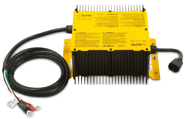 DeltaQ 912-7200 Charger, a yellow and black battery charger with cables, designed for on-board vehicle installation.