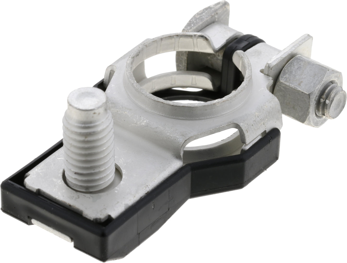 A silver battery terminal replacement with black accents, designed for a vehicle.