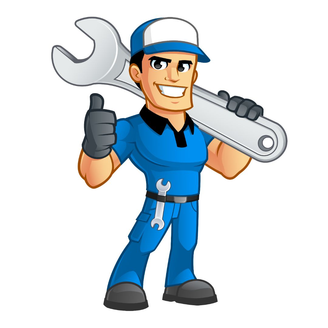 An illustration of a cartoon character technician wearing a blue uniform and holding a large wrench,