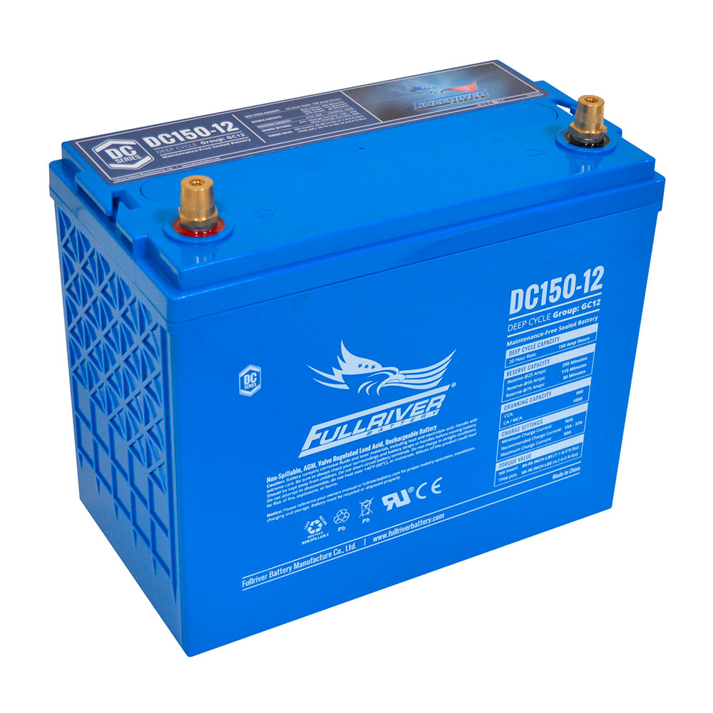 A blue Fullriver DC150-12 150ah Golf Cart Scrubber Deep Cycle AGM Battery with branding and specifications printed on the side.