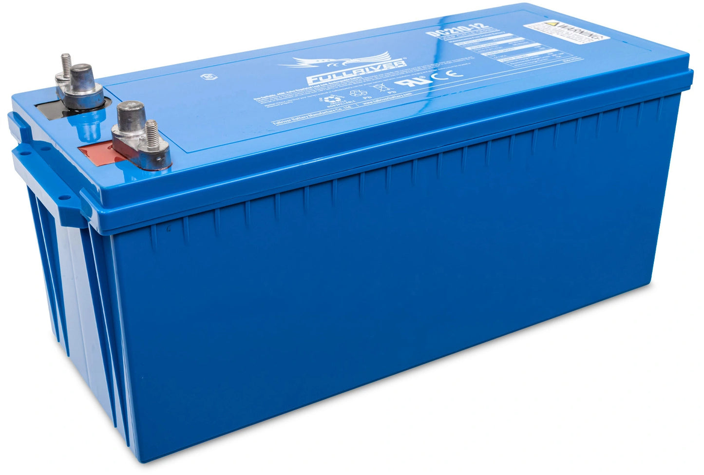 A blue Fullriver Group 4D 12V 210Ah AGM Sealed Lead Acid Battery with terminals on the top end.