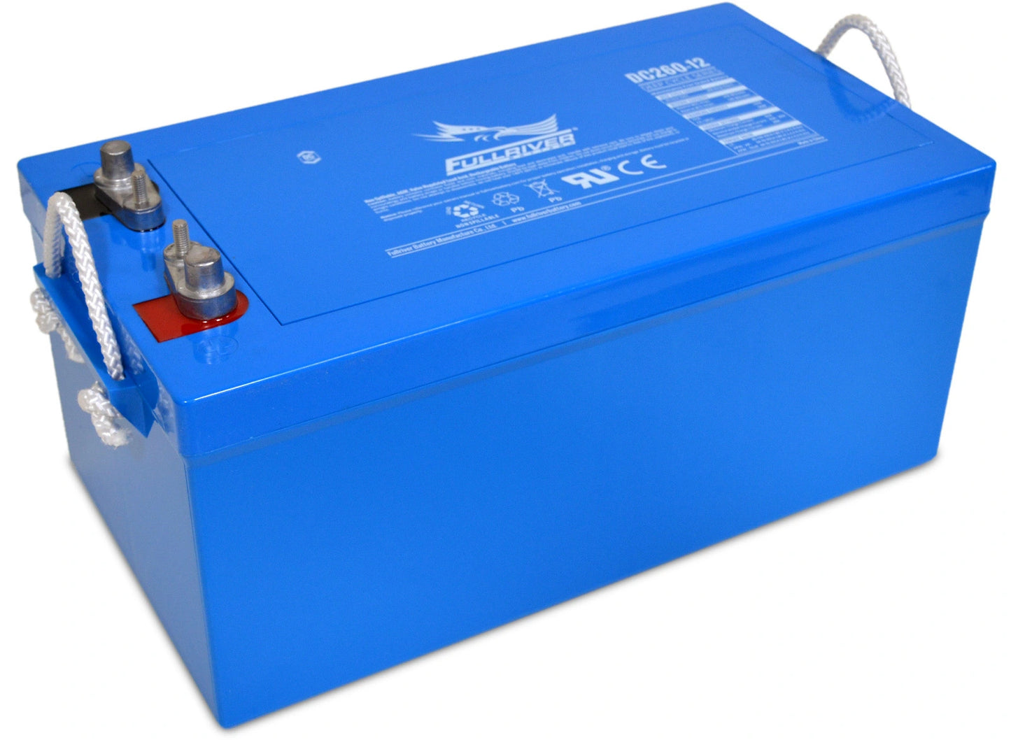 A blue Fullriver Group 8D 12V 260Ah AGM Sealed Lead Acid Battery with terminals on the top end.
