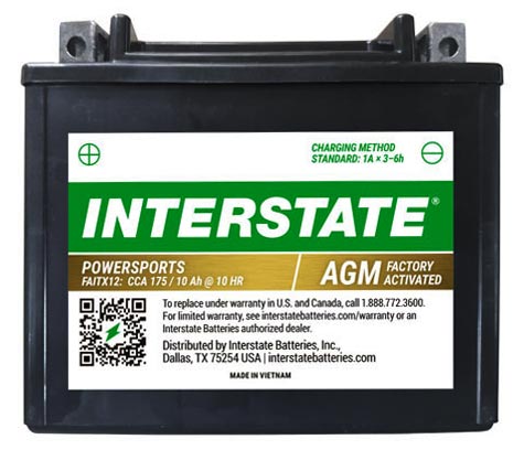 Interstate AGM motorcycle ATV powersports battery with factory activated label, charging method details, and QR code.