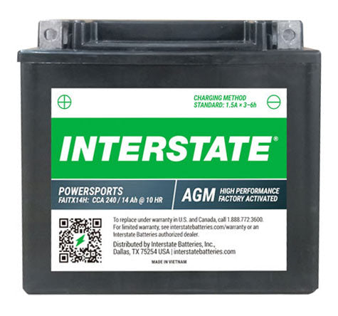 Interstate Powersports battery with label on a white background