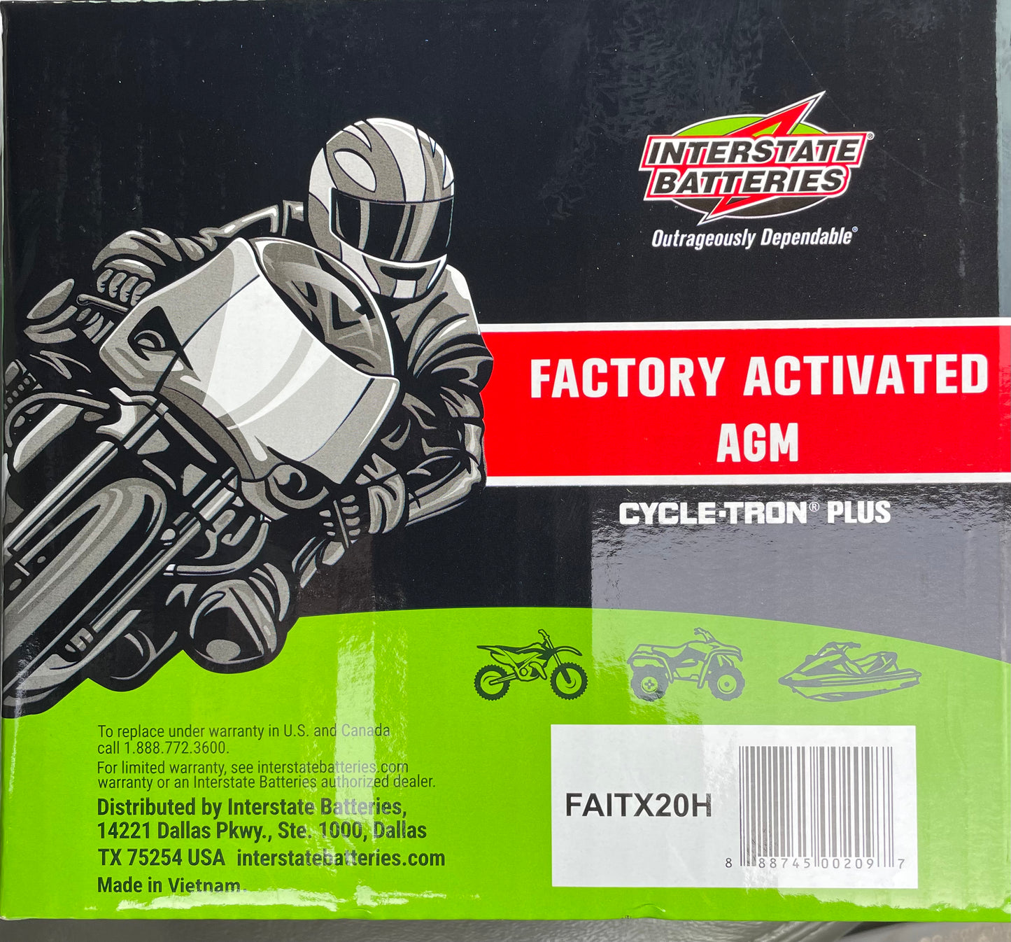 Packaging for Interstate Batteries factory activated AGM Cycle-tron Plus, featuring a motorcycle and rider graphic