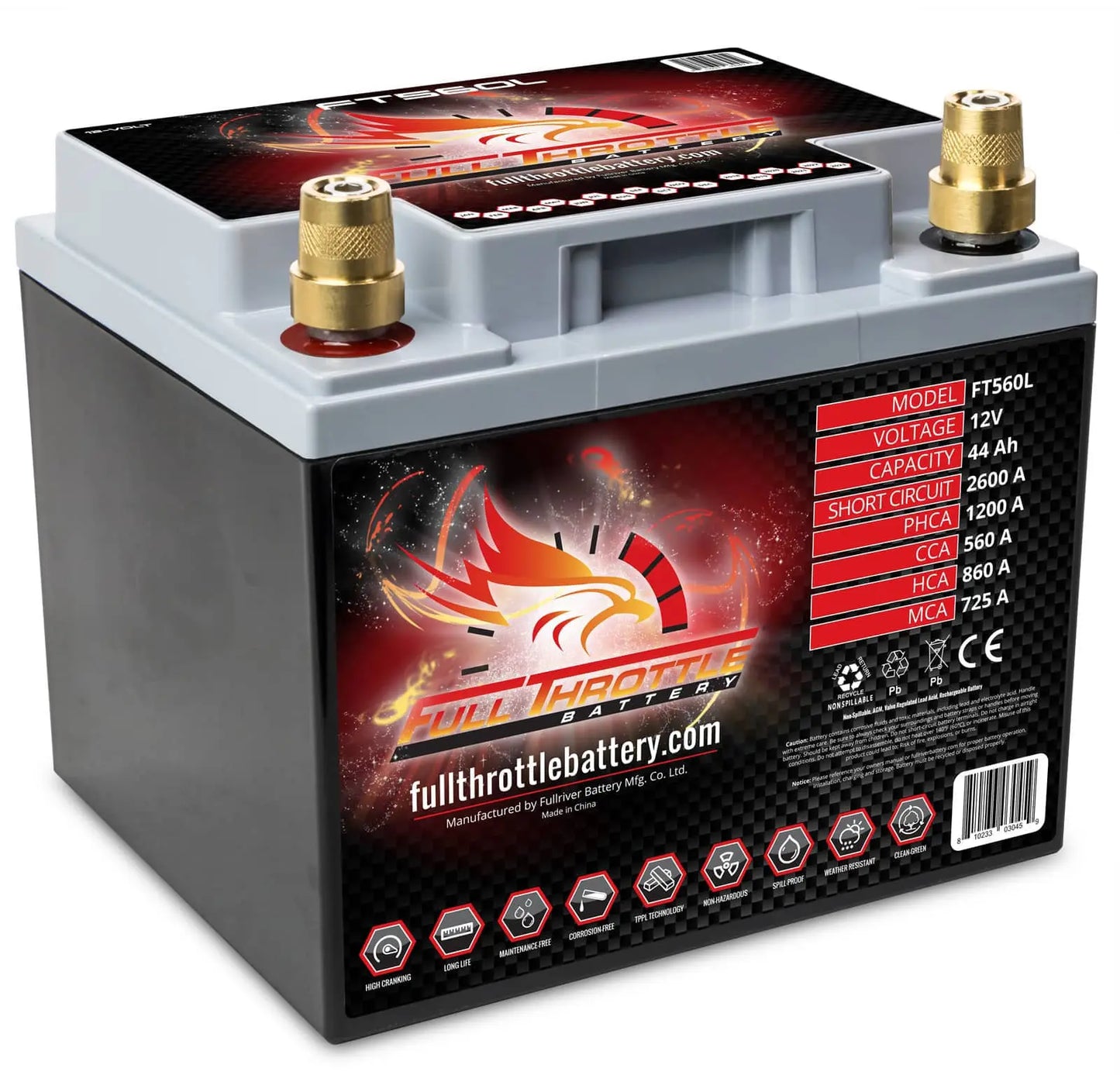 A black, blue, and red Full Throttle Series AGM battery with gold connectors, designed for high-performance in vehicles.
