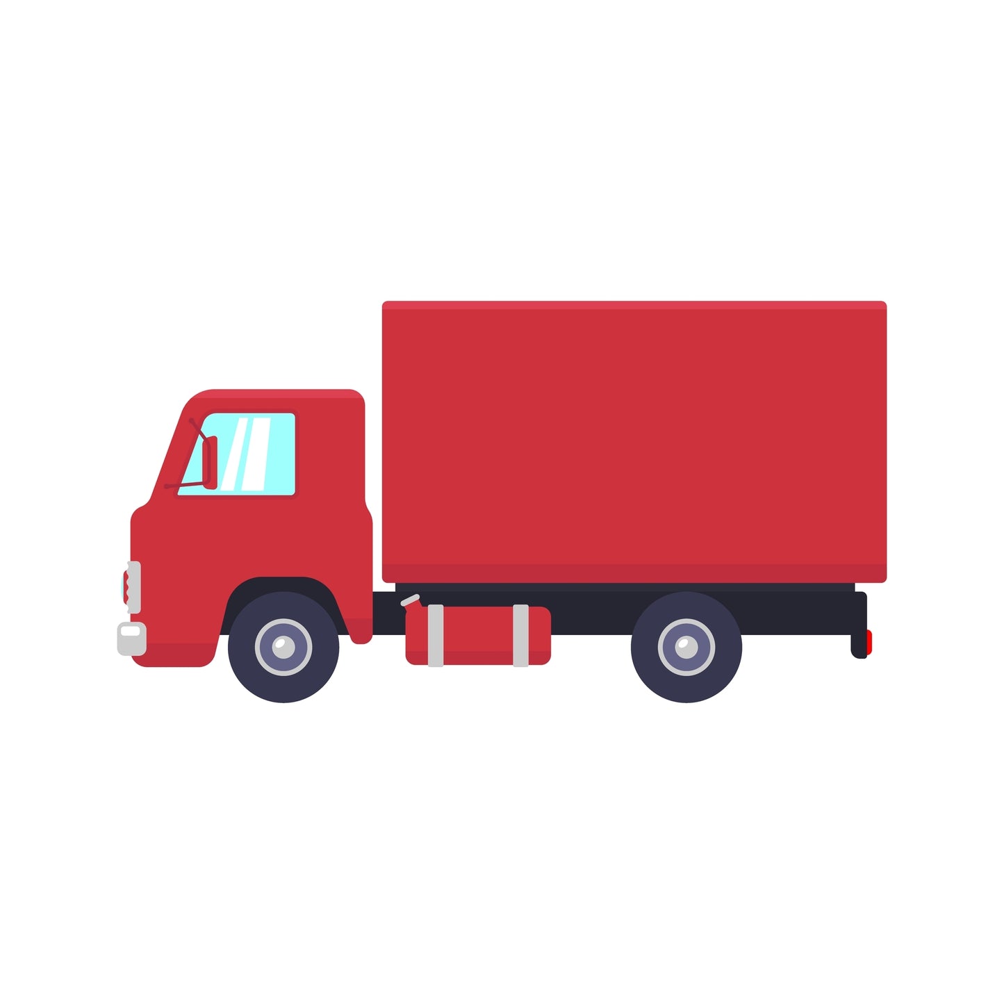 A red delivery truck with a white cabin and a red trailer.