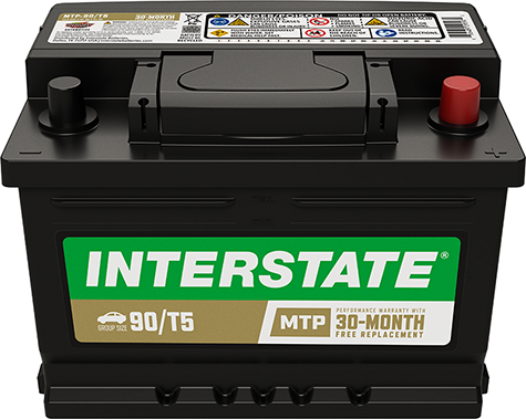 Interstate automotive battery with green and yellow label, model MTP-90/T5, black case, red positive terminal, and white negative terminal.