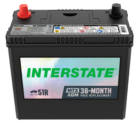 Front image of Interstate AGM battery with front 51R label