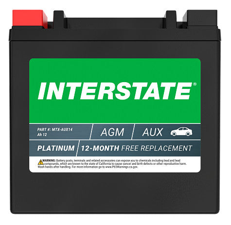 Interstate AGM Auxiliary Battery with green and white label, black casing, showing brand name and product details.