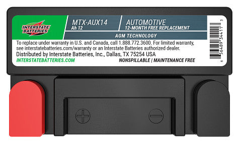 Black Interstate AGM battery top photo with red cap on positive terminal