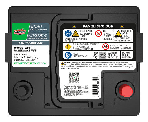 Top picture of black AGM battery, Interstate part number on label
