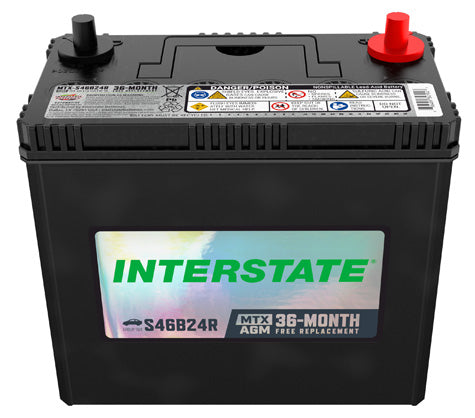 Interstate AGM Battery with red positive terminal visible, black in color, labeled for Toyota Lexus with model details.