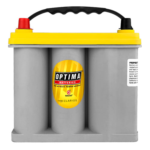 A yellow top Optima deep cycle battery with a black and gray casing, showing the brand logo and model details.