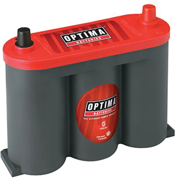An Optima 6 Volt AGM Battery with a red and black casing, featuring the Optima logo and product details on the label.