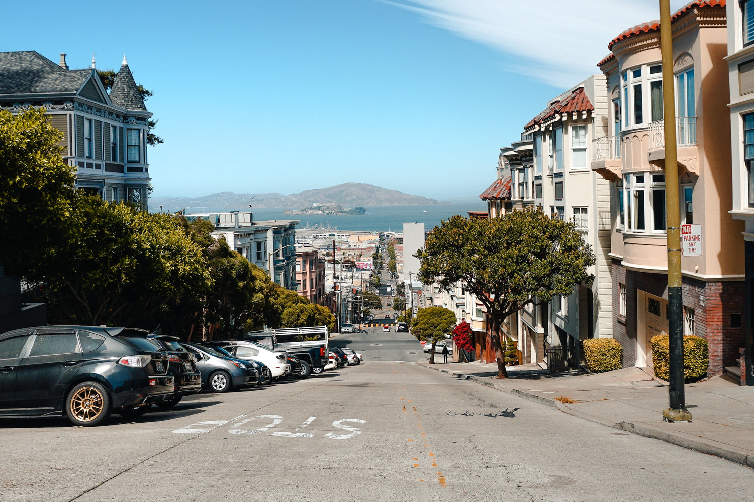 San Francisco city street view overlooking bay