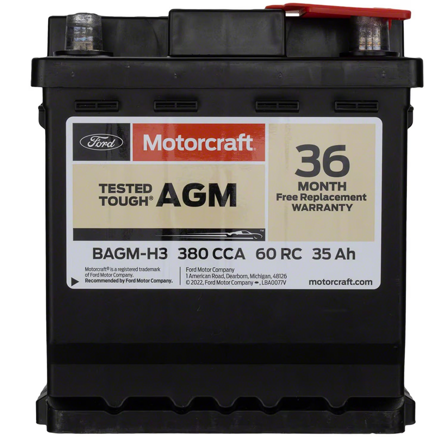 Motorcraft tested tough AGM battery with a label indicating 36 months free replacement, 380 CCA, 50 RPM, and 36V. The battery is black with a red handle on top.