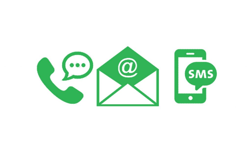 Green icons of a phone, envelope, and smartphone on a white background