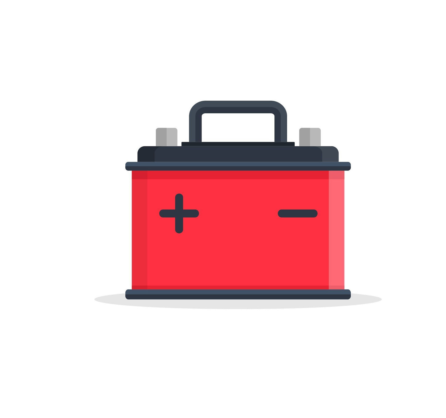 A flat design illustration of a red car battery with a black cap and positive (+) and negative (-) terminals visible.