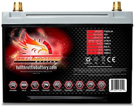 A black battery with red and silver accents, labeled 'Full Throttle battery.com', showing specifications like voltage, capacity, and amps.