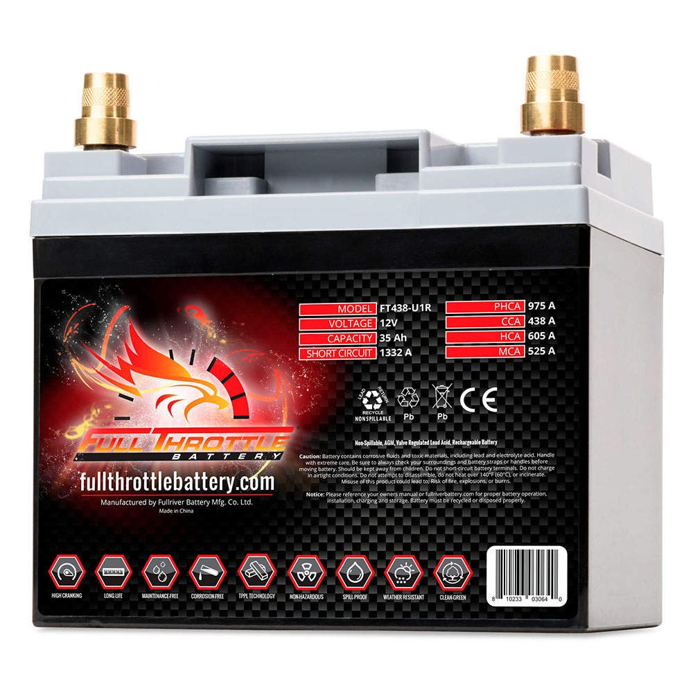 A battery with a red and black label featuring the Full Throttle brand logo, predominantly showcasing the product's specifications and features.