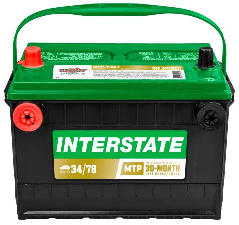 Interstate automotive battery with green and black casing, red terminals, and labeled as MTP-78DT with 800 CCA.