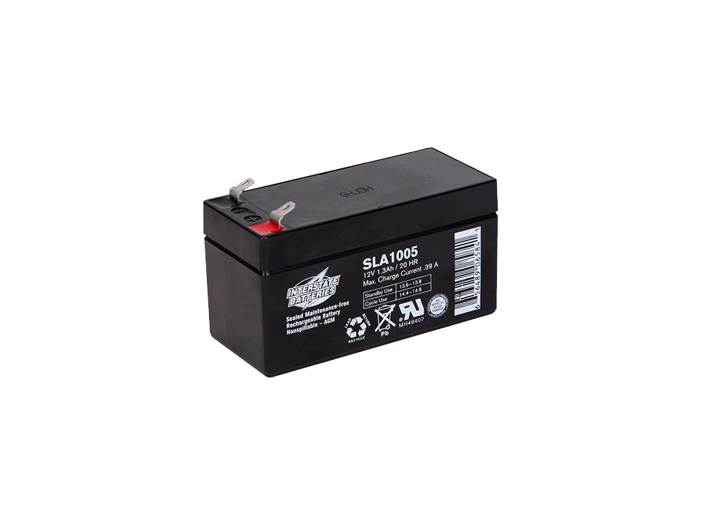 A black sealed lead acid battery with red and black terminals, labeled as a 12V 1.3ah battery.
