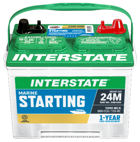 Battery with Interstate Marine Starting label. automotive post with another stud terminal.