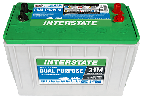 Sealed battery wtih green top and white case. Interstate label