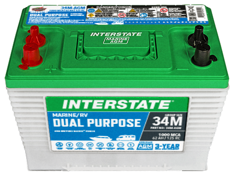 Battery with white case and green top.  Interstate label