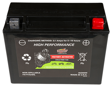 A black Interstate motorcycle battery with red and white terminals, labeled as 'High Performance' and 'Factory Activated AGM'.