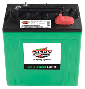 Battery with three caps, green case black top. Terminals on opposite corners.