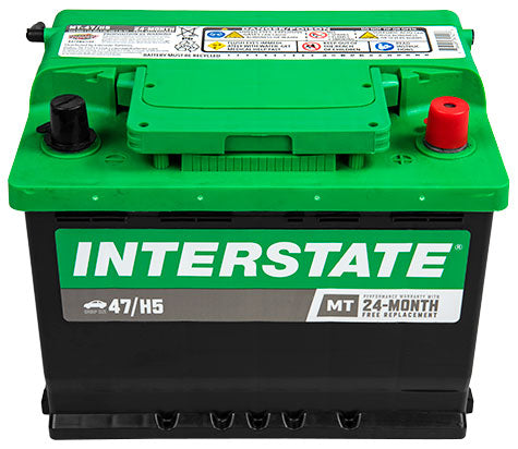 Black case battery with green top.  Interstate logo