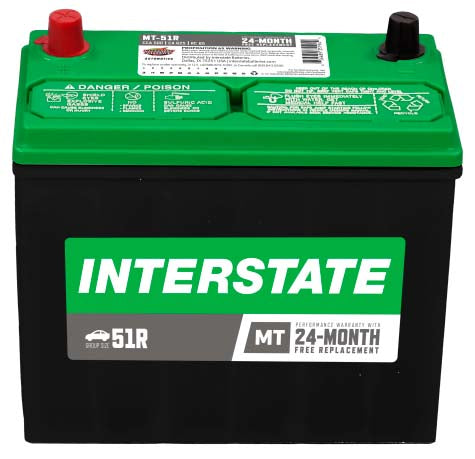 Black battery with green top, Interstate labels