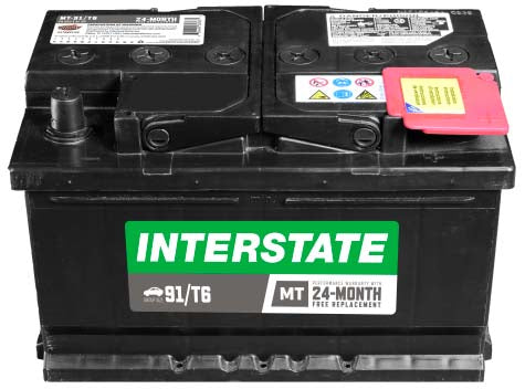 All black battery, rescessed terminals, Interstate label. 6 caps on top.