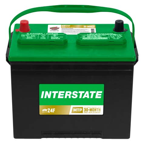 car battery with handle.  Green top black case, Interstate label