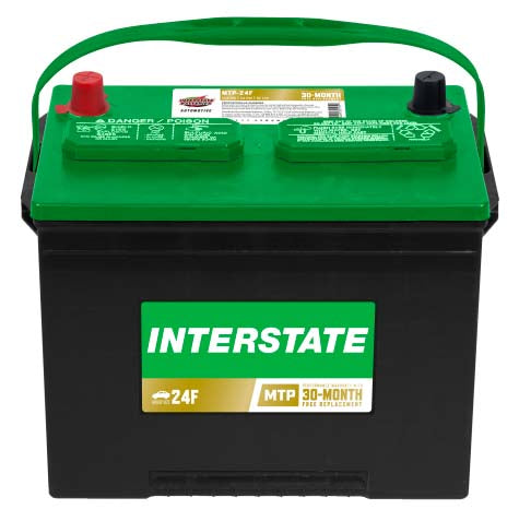 car battery with handle.  Green top black case, Interstate label