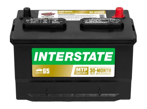 all black, short and wide car battery. Interstate label.