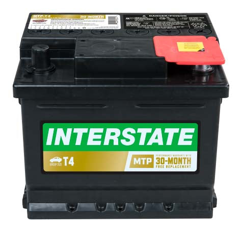 Black car battery with Interstate label. Top post with recessed terminals.