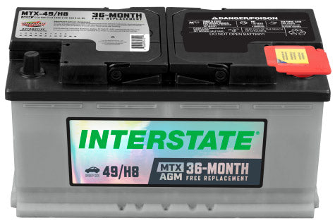 Battery with grey case and black top, Interstate label